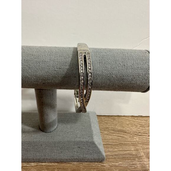 Clear Rhinestone Hinged Bracelet Silver Tone Criss Cross Bangle Fashion Jewelry - Picture 5 of 11